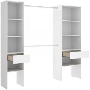 Armoire dressing en bois mélaminé avec 2 colonnes et 2 tiroirs coloris blanc - Longueur 160 x Profondeur 50 x Hauteur 185 cm