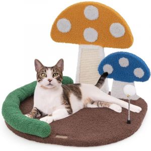 Goplus - Arbre &agrave; Chat de Champignon avec Poteau en Sisal, Planche &agrave; Griffer & Balle &agrave; Ressort, Petit Arbre &agrave; Chat avec Condo & Plateforme Confortable