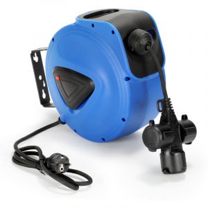 Jiubiaz Enrouleur automatique de c&acirc;ble 20m, Montage mural 180&deg; Enrouleur de c&acirc;ble rallonge ext&eacute;rieur Enrouleur de tuyau Avec trois fiches