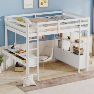 Wishdor - Lit mezzanine avec bureau, lit mezzanine enfant 140x200 cm avec étagères et tiroirs, cadre de lit en pin, blanc