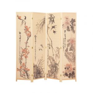 Paravent japonais en bois et bambou 4 pans avec dessin coloris naturel - Hauteur 175 x Largeur 176 x Profondeur 2 cm