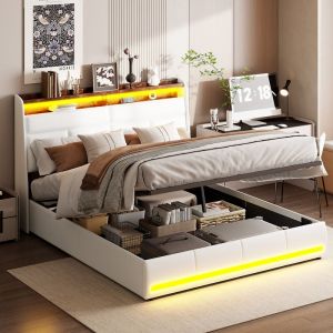 Sureh - lit 2 Personnes 140 x 200 avec tête de lit et rangement sous le lit, lit coffre adulte avec led et sommier à lattes, cadre de lit 140 x 200