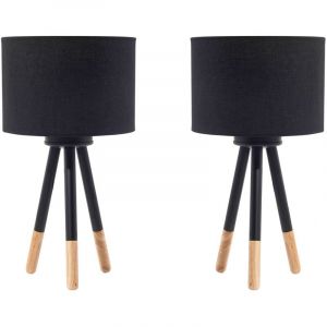 2 Lampes de Table ou Chevet Design Noires avec Petit Trépied en Bois et Abat-jour Cylindrique E27 Max 25W pour Chambre ou Salon Scandinave Beliani