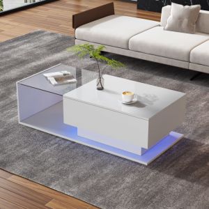 Modfu - Table basse fixe blanche 100x50x32cm avec 1 tiroir, table d'appoint de salon, étagère en verre, led, panneaux de particules