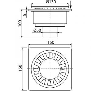 Siphon de sol 150 X 150 RACCORDEMENT dn 50 DROIT blanc plastique bonde d'écoulement de bain de douche extra plat Alcadrain APV16