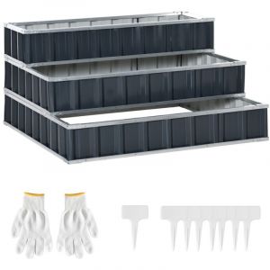 Carr&eacute; potager sur&eacute;lev&eacute; 118x118x62cm, 3 niveaux acier galvanis&eacute; gris fonc&eacute; - Avec &eacute;tiquettes et gants, pour balcon/jardin r&eacute;sistant aux intemp&eacute;ries