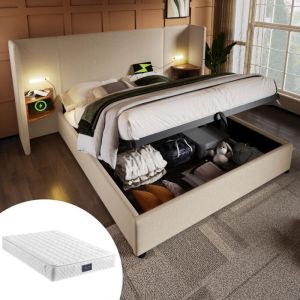 Lit double 160x200 coffre avec table de chevet int&eacute;gr&eacute;e, lampe et USB-C, sommier bois/m&eacute;tal, lin beige (avec matelas)