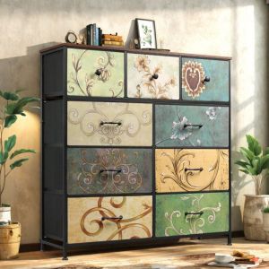 Commode, meuble TV, structure m&eacute;tallique, 9 tiroirs, tissu, tissu, motif floral vintage Tiroirs, plateau en bois, convient pour une chambre et un
