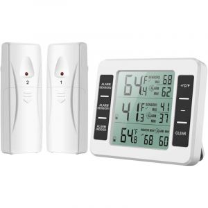 Jalleria - Thermom&egrave;tre Frigo, Thermometre R&eacute;frig&eacute;rateur avec Alarme Cong&eacute;lateur, Thermom&egrave;tre Int&eacute;rieur Ext&eacute;rieur Sans Fil avec 2 Capteurs, min/max et
