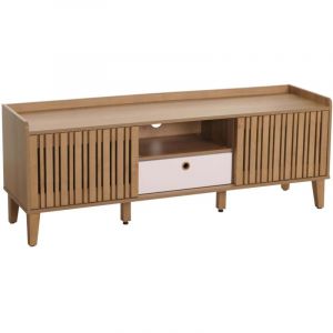 HHG - Meuble tv 421, Buffet bas Armoire tv, Porte coulissante 56x150x40cm, naturel, Tiroir blanc