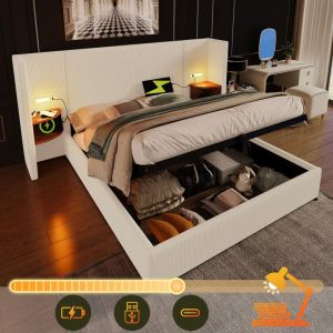 Lit coffre 160x200 cm, lit capitonné avec table de chevet, lampe de lecture et fonction de charge USB Type-C, beige-blanc, velours côtelé, sans