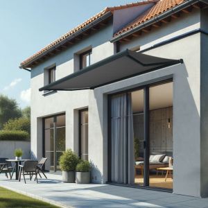 Store banne coffre int&eacute;gral CINABRE 3,50x2,00 M (Motorisation &agrave; interrupteur - Gris anthracite RAL 7016 - Gris fonc&eacute; 250g/m&sup2;)