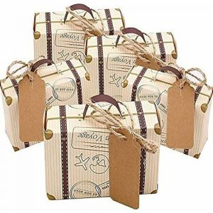 Lot de 100 mini bo&icirc;tes &agrave; drag&eacute;es en papier kraft vintage avec &eacute;tiquettes et ficelle en toile de jute pour mariage/voyage