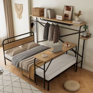 Lit simple + table à roulettes + porte-manteau vertical, ensemble complet de meubles de chambre, pour ados et adulte, en métal + mdf, noir + naturel,