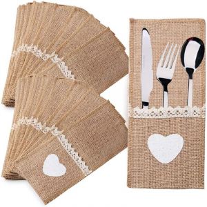 40pcs Porte-Couvert en Toile Jute et Dentelle Sac &agrave; Couteaux Table Pochette Poche &agrave; Couverts Accessoire de Vaisselle Fournitures D&eacute;coration de Table