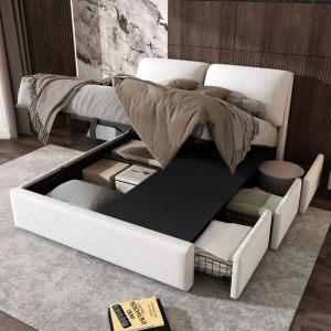 140 x 190 cm lit coffre avec sommier, lit hydraulique avec tiroirs de rangement, lit 2 personnes avec tête de lit, lit 140x190 à lattes en bois,