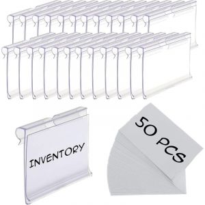 BEBUSINGOTO Lot de 50 étiquettes pour bacs de rangement, clip d'étiquette en plastique, étiquettes de panier à clipser sur étagère métallique,