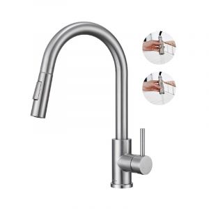 Detbom - Robinet de Cuisine avec Douchette Extractible Mitigeur Cuisine Bec Rotatif Mitigeur d'Évier en Acier Nickel Brossé