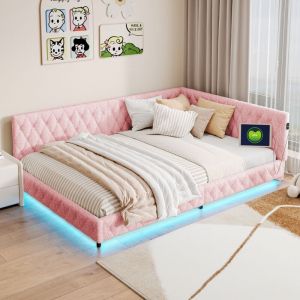 Lit gigogne 140x200 cm, canap&eacute; convertible escamotable, avec &eacute;clairage led et recharge usb, peluche polaire, sommier &agrave; lattes, lit enfant - Rose