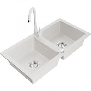 Mario &eacute;vier en granit &agrave; 2 cuves avec robinet m&eacute;langeur Telma, Blanc - 6504-20-670200-20 - Mexen