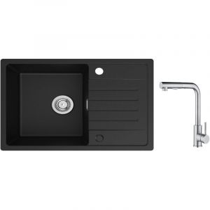 Cecipa - Evier 1 Bac avec Egouttoir, Evier de Cuisine en Quartz et R&eacute;sine 78x45cm Grande Capacit&eacute; Evier Noir + Mitigeur Cuisine avec Douchette