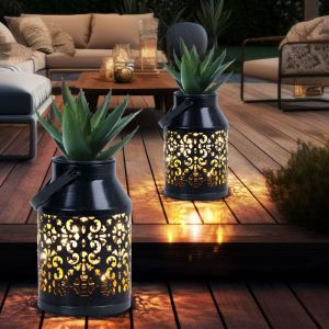 Lampes solaires pour d&eacute;coration de balcon ext&eacute;rieur motif d&eacute;coration de jardin lanterne solaire en m&eacute;tal jardini&egrave;re suspendue, noir, led, DxH 10x16