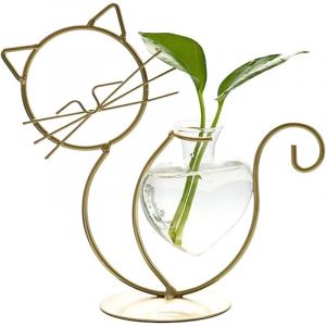 Terrarium moderne en métal en forme de chat avec vase en verre en forme de cœur, vase hydroponique, station de propagation des plantes, pour