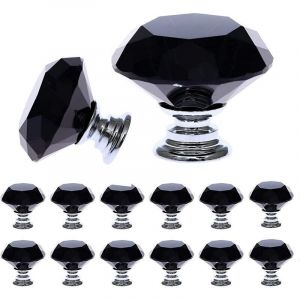 12 Pi&egrave;ces Noir Cristal Verre Meuble Poign&eacute;es (30 mm), Bouton de Meuble avec de taille, Bouton de Porte, Tiroir de Poign&eacute;e, Poign&eacute;e de Portes pour