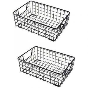 ZVD - Lot de 2 paniers de rangement en fil m&eacute;tallique avec poign&eacute;e en fer forg&eacute; pour articles divers, pour cuisine, noir