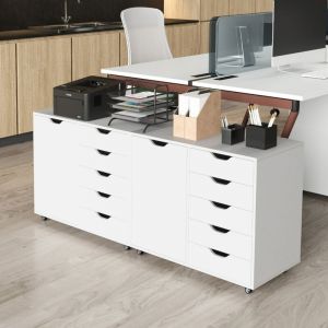 Classeur de Bureau &agrave; 5 Tiroirs avec Porte Classeur Mobile en Bois avec &Eacute;tag&egrave;re R&eacute;glable Classeur Lat&eacute;ral Roulant avec 5 Roulettes Blanc