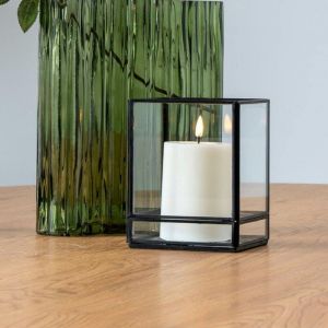 Lanterne photophore verre et m&eacute;tal noir - style minimaliste, forme cube