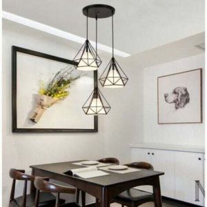 Suspension Cage Forme Diamant Contemporain 25cm Corde Ajustable Luminaire Lustre en Fer Salle &agrave; Manger Bar Chambre Noir