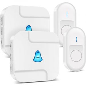 Blanc Sonnette sans fil : sonnette d'entr&eacute;e sans fil avec 2 boutons de sonnette &eacute;tanches et 2 r&eacute;cepteurs, &eacute;tanche IP55, 55 sonneries, flashs LED