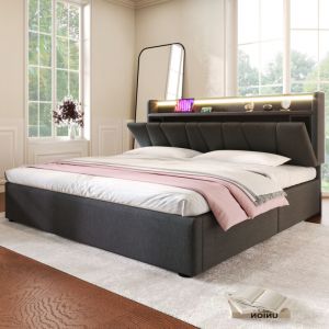 Lit coffre 160x200 cm lit double rembourré avec charge usb, tête de lit de rangement, éclairage led et sommier à lattes en bois, gris, sans matelas