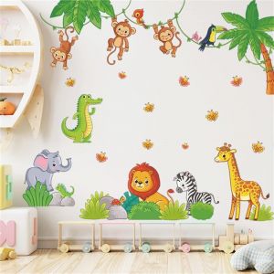 BEBUSINGOTO Stickers muraux Animaux de la jungle Singe Girafe &Eacute;l&eacute;phant Lion Z&egrave;bre Stickers Muraux, Peel and Stick DIY Vinyle Mural Art pour Enfants