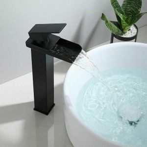 Pesce - Mitigeur Haut Lavabo Cascade Robinet Noir Mat Rectangulaire Chaude Froide Ajustable Salle de Bain Carrée pour Vasque à Poser Mélangeur Lave