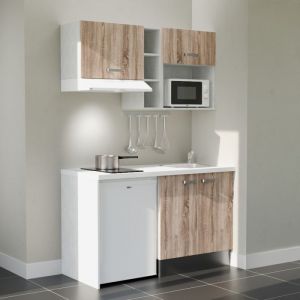 Cuisibane - Kitchenette K13L-PT - 140 cm - plan stratifi&eacute;, &eacute;vier inox, - Fa&ccedil;ade Bois - Plan Blanc - Cr&eacute;dences Non + Electrom&eacute;nager inclus coloris