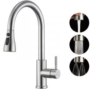 Robinet d'&eacute;vier de cuisine avec douchette extractible, arc &eacute;lev&eacute;, poign&eacute;e unique, acier inoxydable nickel bross&eacute;, avec plaque de pont pour bar,
