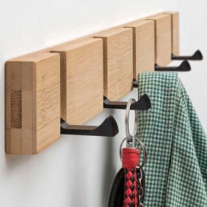 Pat&egrave;re Murale Design avec 5 Crochets R&eacute;tractables, Porte Manteau Mural Bois, Id&eacute;al comme Pat&egrave;res Portemanteaux pour Entr&eacute;e, 2x50x5,5cm