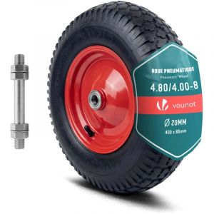 VOUNOT&reg; Roue de brouette gonflable 4.80/4.00-8 (400x85mm) avec chambre &agrave; air - Al&eacute;sage 20mm - Roulements &agrave; billes - Moyeu m&eacute;tal