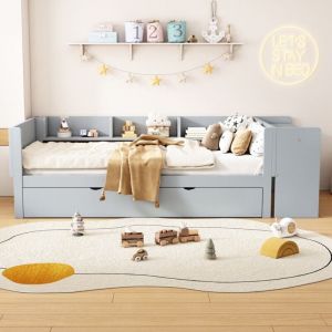 Lit enfant simple-structure grise avec rangement-lit escamotable-bureau et 3 &eacute;tag&egrave;res-241.9x112x73(cm)