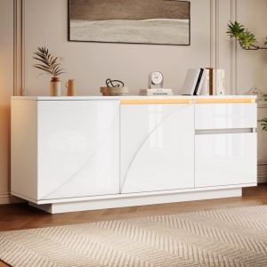 Buffet bas 140 x 40 x 60 cm pour salon/salle &agrave; manger, 3 portes 1 tiroir, LED pilotable, &eacute;tag&egrave;res r&eacute;glables, MDF blanc laqu&eacute;