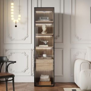 Vitrine 40x34,5x165 cm avec portes en verre, bandeau lumineux, 1 tiroir, en MDF, noir et naturel