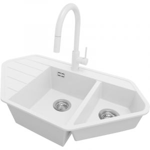Evier d'angle en Granit 90x50cm, Lavabo Cuisine 1,5 bacs + Kit de Vidage + Accessoire, Évier à Encastrer au meuble 80cm - Copenhague Corner, Blanc