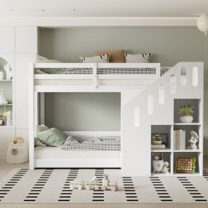 Lit superposé enfant 90x200 cm,lit mezzanine 2 places,lit mezzanine escalier,avec escalier et meubles de rangement, bois massif, blanc