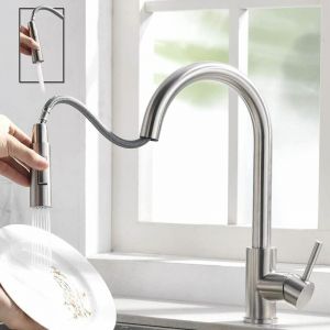 Zamery - Robinet Cuisine Nickel brossé Pivotant à 360° Mitigeur Cuisine Robinet d'Évier à Arc Élevé pulvérisateur escamotable 2 Modes de
