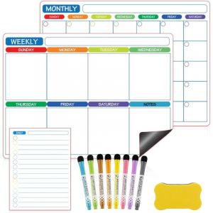 Lot de 3 Calendrier Magn&eacute;tique Effa&ccedil;able pour Frigo avec 8 Marqueurs et 1 Effaceur, Planning Mensuel, Hebdomadaire et Quotidien R&eacute;utilisable,