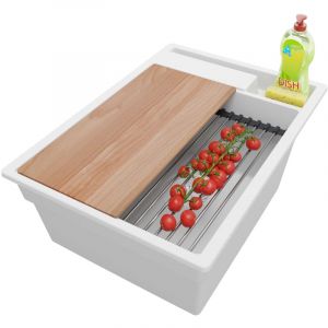 Primagran - Evier Cuisine en Granit 38x53cm, Lavabo 1 bac + Kit de Vidage + Accessoires, Évier à Encastrer au meuble 40cm - Oslo Pocket, Tout Blanc