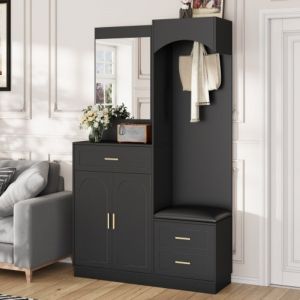 Vestiaire et meuble à chaussures noir - meuble d'entrée avec miroir - 110x33x186 cm