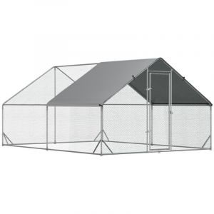 Poulailler extra-large en acier avec espace de vie, 300x400x200cm, toit ombrag&eacute; et serrure &ndash; id&eacute;al pour 8 &agrave; 12 poules, canards ou lapins - Argent